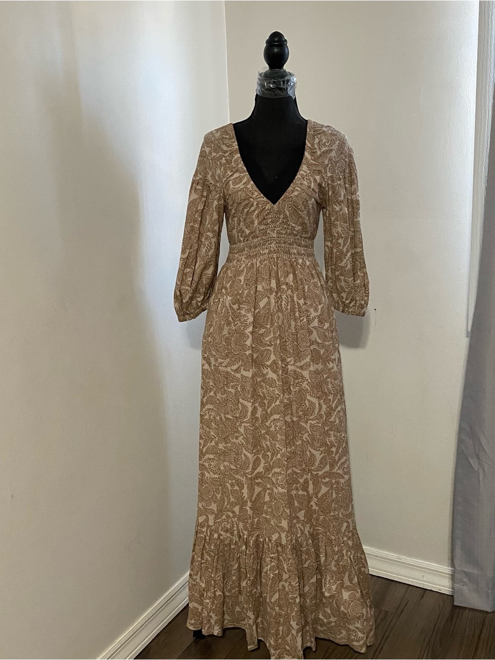 Patrons of Peace Beige Paisley V-Neck Maxi Dress